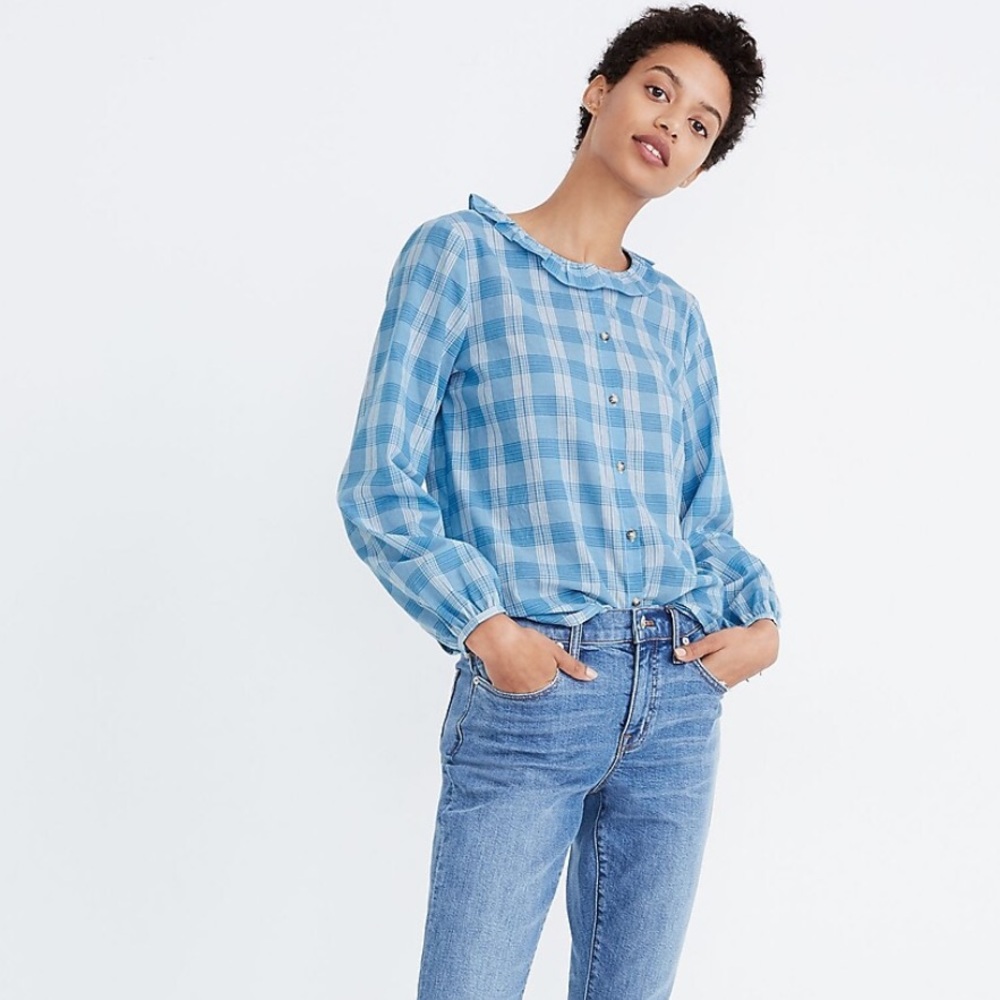NWT Madewell Ruffle-Neck Top in Colwell Plaid Blue